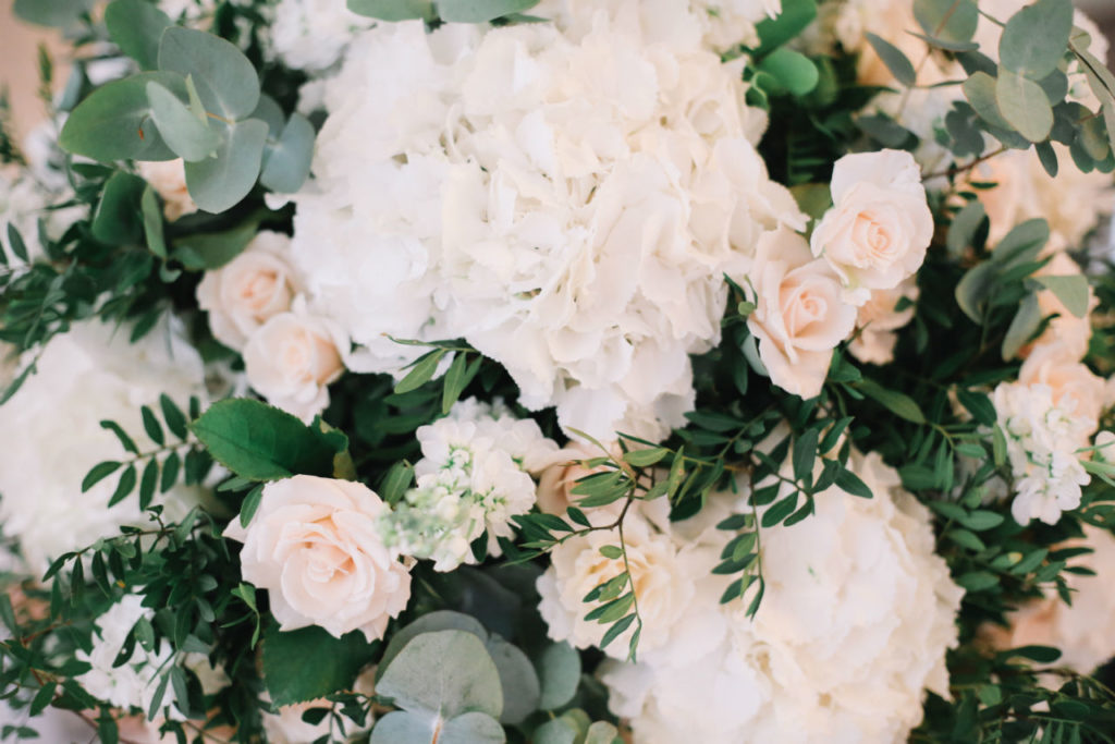 White hydrangeas and pale pink roses bouquet